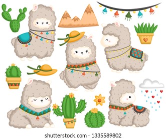 a vector set of cute llama and many cactus