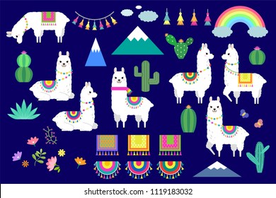 Vector set of cute llamas, alpacas and cactus collection elements for nursery design, poster, greeting, birthday card, baby shower design and party decor