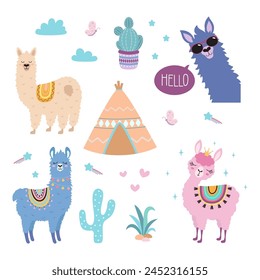 vector set of cute llamas, alpacas and cactus collection elements for nursery design, poster, greeting, birthday card, baby shower design