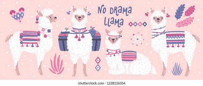 Conjunto vectorial de llamas tiernas. Brillante afiche de verano con alpacas, plantas y frase "Sin llama dramática". Colección de elementos decorativos de la reserva de recortes.