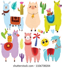 Vector set of cute Llamas and elements.Cute six cartoon characters.