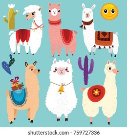 Vector set of cute Llamas.6 cartoon characters. 