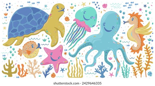 Vector set of cute marine animals and plants isolated on white background.