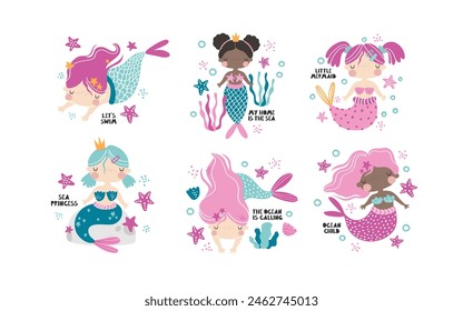 Vector set with cute mermaid girls and lettering. Set of postcards, posters with mermaids. Little girls princesses. Ocean. Sea. Underwater world. Baby girl. Nursery. Girly print. Under the sea.