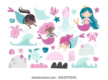 Vector set with cute mermaids. Children's illustration of girls princess mermaids. Sea. Ocean. Turtle, stingray, octopus, jellyfish, crab, shells. Waves. Underwater landscape, the bottom of the sea.