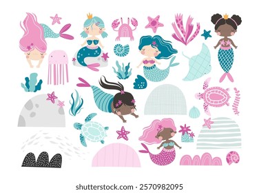 Vector set with cute mermaids. Children's illustration of girls princess mermaids. Sea. Ocean. Turtle, stingray, jellyfish, crab, shells, seaweed, coral. Underwater landscape, the bottom of the sea.