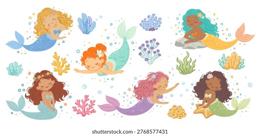 Vector set with cute mermaids. Children's illustration of girls princess mermaids. Sticker for child aquarium ocean underwater girl characters ingenious. Vector illustration of Cute mermaids in different poses
