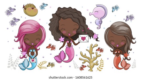 Vector set with cute mermaids, fish, starfish, coral and seaweeds. Beautiful little African American mermaids. Illustration for kids fashion artworks, children books, greeting cards. Isolated on white