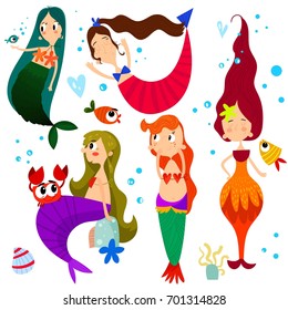 Vector set with cute mermaids and other under the sea elements. Awesome childish collection in cartoon style - stock vector