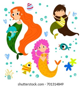 Vector set with cute mermaids and other under the sea elements. Awesome childish collection in cartoon style - stock vector