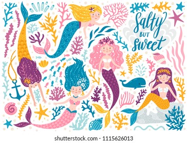 Vector Set Of Cute Mermaids And Sea Plants. Funny Cartoon Characters And Corals Are Isolated On White. Summer Clipart With Mermaid Girls.