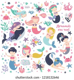 Vector set of cute mermaids and sea plants. Funny cartoon characters and corals are isolated on white. Summer clipart with mermaid girls.