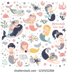 Vector set of cute mermaids and sea plants. Funny cartoon characters and corals are isolated on white. Summer clipart with mermaid girls.