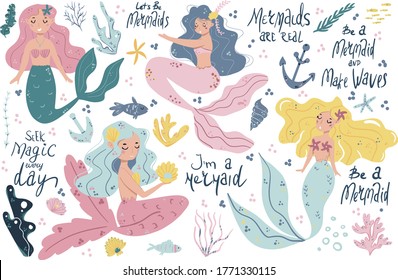 Vector set of cute mermaids and sea plants. Funny cartoon characters and corals are isolated on white. Summer clipart with mermaid girls