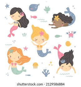 vector set of cute mermaids and underwater elements, funny sea clipart collection for kids