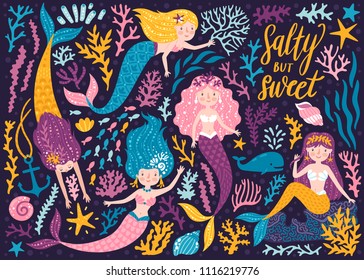 Vector set of cute mermaids, whale and sea plants. Funny cartoon characters and corals on the dark background. Summer clipart with mermaid girls.