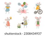 Vector set with cute mice. Adorable gray mice. Mouse flying on balloons, watering flowers, eating cheese. Cartoon gray mouse in a beautiful dress. White isolated background. 
