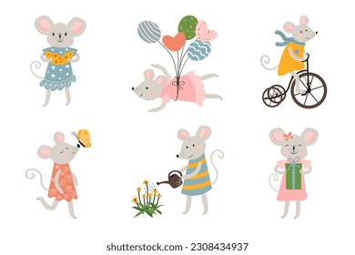 Vector con ratones lindos. Adorables ratones grises. Ratón volando sobre globos, regando flores, comiendo queso. Ratón gris de caricatura con un hermoso vestido. Fondo blanco aislado. 
