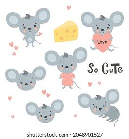 Vector Set Of Cute Mice On Isolated Background, Hand Lettering So Cute Text