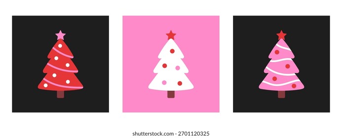 Vector set of cute modern Christmas trees in red, white, and pink with decorative stars, ornaments, and bright backgrounds. Festive poster collection for winter holidays in flat style. Greeting cards.