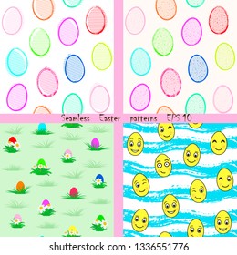 Vector set of cute modern seamless patterns in easter motifs. Multicolored bright cartoon style with painted elements for printing on paper, textiles, decoration of cards, wrappers, children's clothes