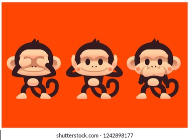 Vector set of cute monkey closing eyes ears mouth, three wise monkeys