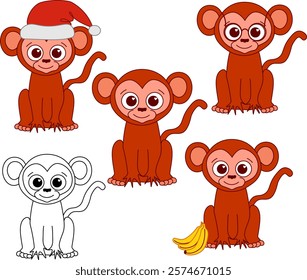 Vector set with cute monkey with different accessories. Vector animal collection in cartoon graphic line style. China new year
