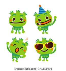 Vector set of cute monster character in different actions isolated on white background.