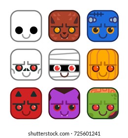 Vector set of cute monster icons in flat design style. Ghost, Werewolf, Frankenstein, Skeleton, Mummy, Pumpkin, Devil, Vampire, Zombie. cute buttons style.