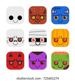 Vector set of cute monster icons in flat design style. Ghost, Werewolf, Frankenstein, Skeleton, Mummy, Pumpkin, Devil, Vampire, Zombie. Flat buttons style.