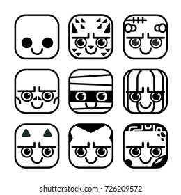 Vector set of cute monster icons in flat design style. Ghost, Werewolf, Frankenstein, Skeleton, Mummy, Pumpkin, Devil, Vampire, Zombie. Line art buttons style.