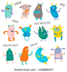 Vector set of cute monsters in cartoon style.
