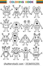 Vector set cute monsters. Funny line hand-drawn aliens for coloring pages. Bundle of decorative design elements. Flat vector illustration.