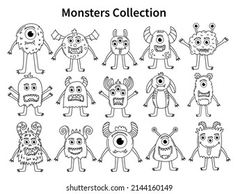 Conjunto vectorial de monstruos lindos. Linea divertida de extraterrestres dibujados a mano para colorear páginas. Conjunto de elementos decorativos. Ilustración vectorial plana.