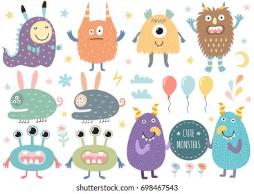 Vector set of cute monsters. Funny characters isolated elements. Vector illustration