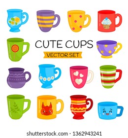 Vector set of cute mugs with different prints. Illustration of mugs in cartoon style.

