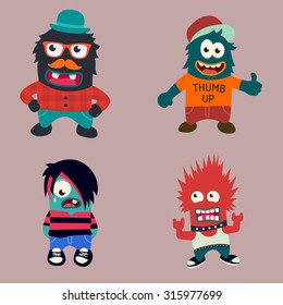 vector set of cute music monsters. indie rocker, rapper, punk rocker, emo rocker