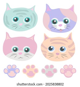 Vector set of cute muzzles and paws of cats on white background. Pastel colors.