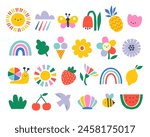 Vector set of cute naive hand drawn summer design elements in bright rainbow colors for children