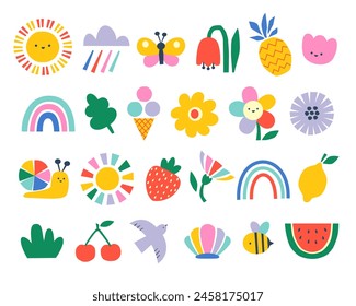 Vector set of cute naive hand drawn summer design elements in bright rainbow colors for children's design