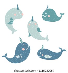 vector set of cute narwhals on white background