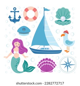 conjunto vectorial de adorables elementos náuticos, caricatura de sirena, barco, gaviota, conchas, sombrero marino y salvavidas aislados en fondo blanco, concepto de aventura de verano