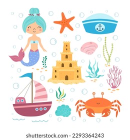 vector set of cute nautical elements, cartoon mermaid character, ship, crab, shells, marine hat and sand castle isolated on white background, summer adventure concept