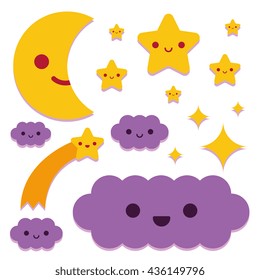 Vector Set Of Cute Night Icons Isolated On White Background
