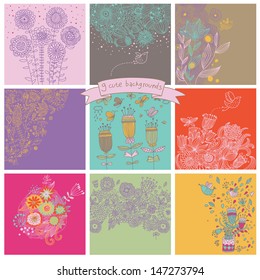 Vector set of cute nine floral backgrounds. Flowers, butterflies and birds - vintage cards in bright colors. Collection of elegance postcards. Wedding invitation design in retro style.