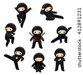 Vector set of cute ninjas in various poses isolated on white background 