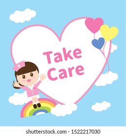Vector set cute nurse character sitting on a rainbow in the sky.