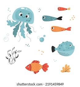 Vector set of cute ocean underwater animals and funny marine creatures. Cartoon jellyfish and different fish, algae and seaweed vector illustration set isolated on white.