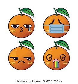Vector set of cute Orange fruit emojis. Isolated on white background.