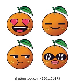 Vector set of cute Orange fruit emojis. Isolated on white background.